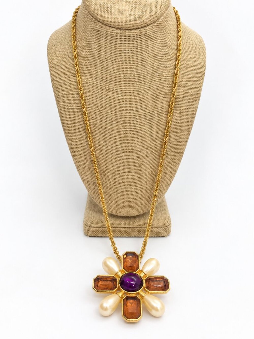 VINTAGE AVON NECKLACE Maltese Cross Faux Pearl Purple Orange Gold Tone 30"